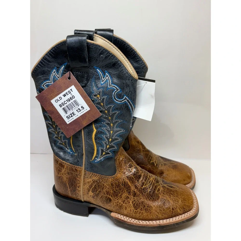 Old West Kids Boys Burnt Tan Navy Blue Square Toe Cowboy Boots BSC1960 13.5D